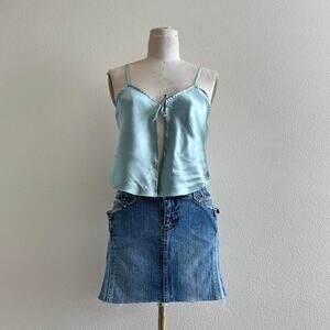 handmade light teal blue satin lace trim open front camisole